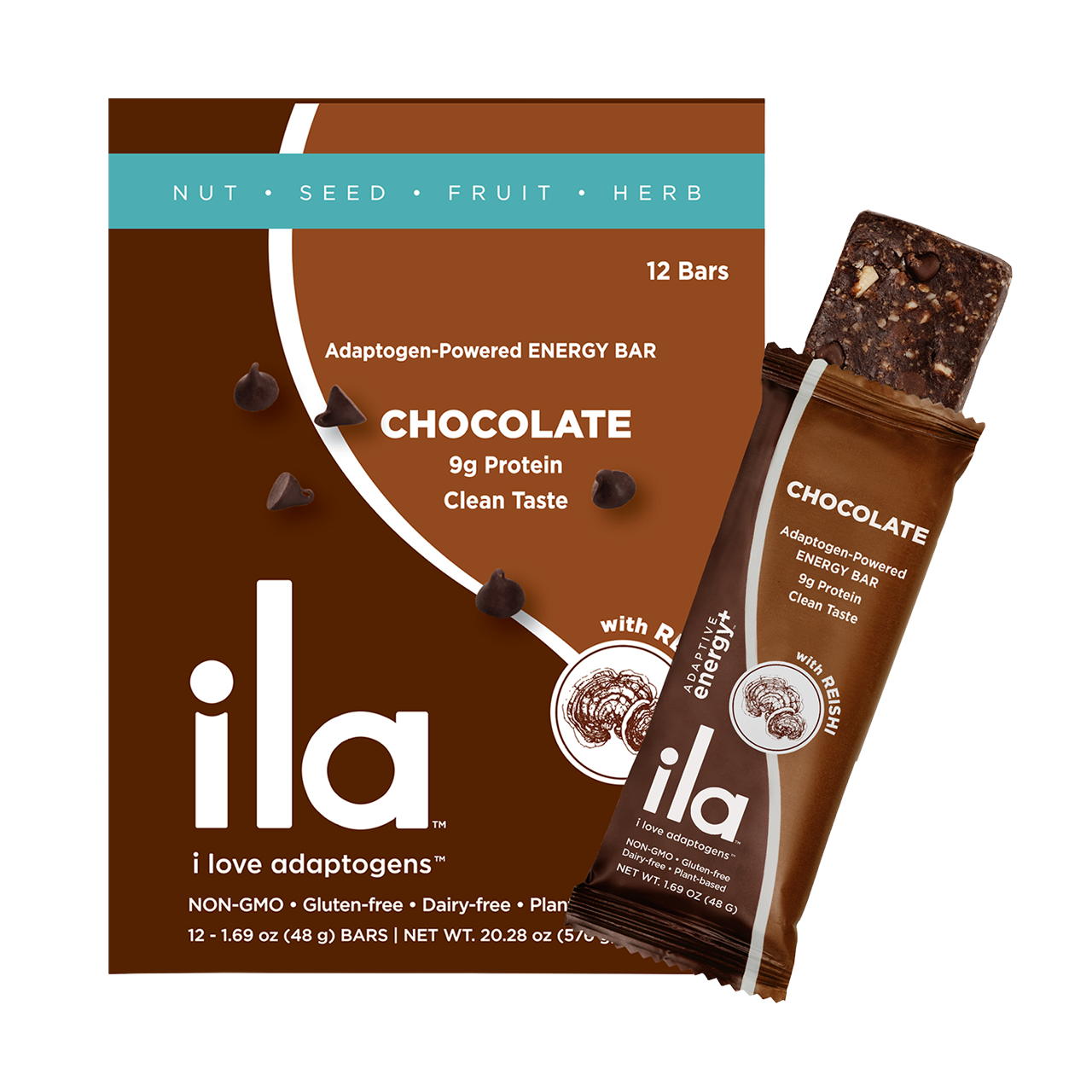 Adaptogen Chocolate Bars By ILA With Reishi And Ashwagandha 12 Pack Package