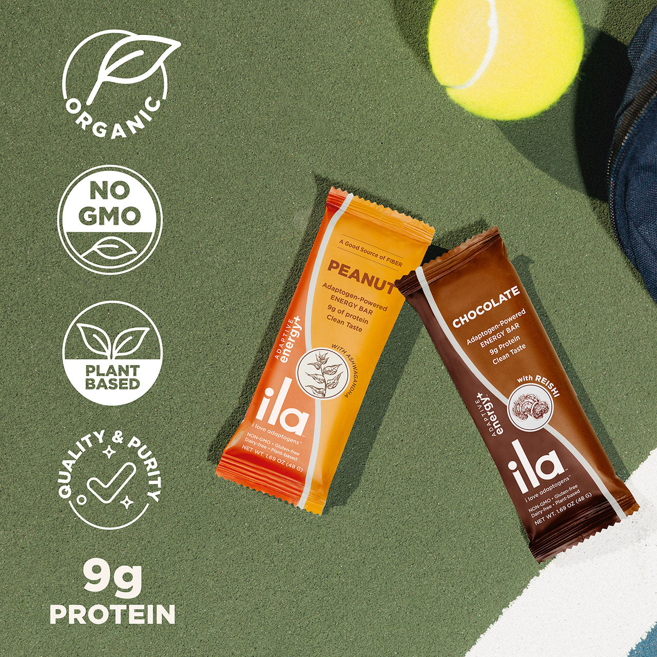 List benefits of ILA Energy Bars - Organic, No GMO, Plant Based, 9g Protein
